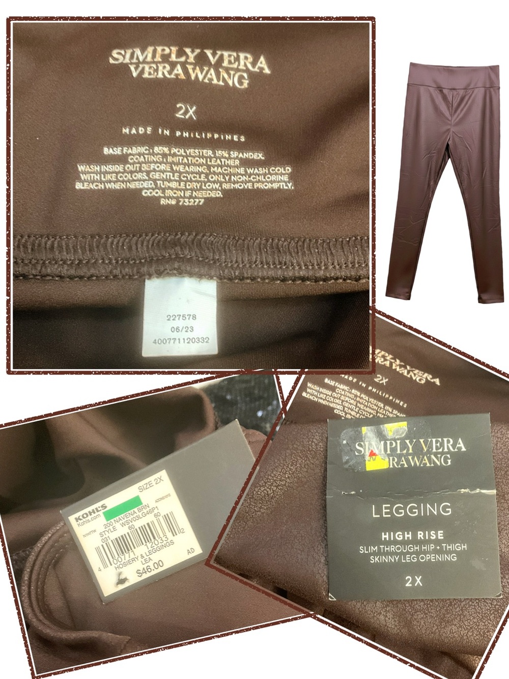 Navena Brown High Rise Coated Leggings - NWT - 20" waist 29" inseam 15" rise - Picture 5 of 5